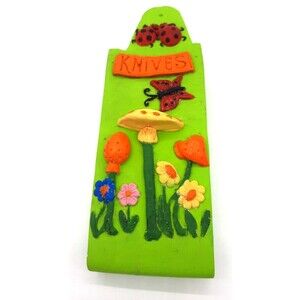 Vtg Handcrafted Ceramic Knives Cutlery Storage Mushroom Floral Retro Wall Pocket